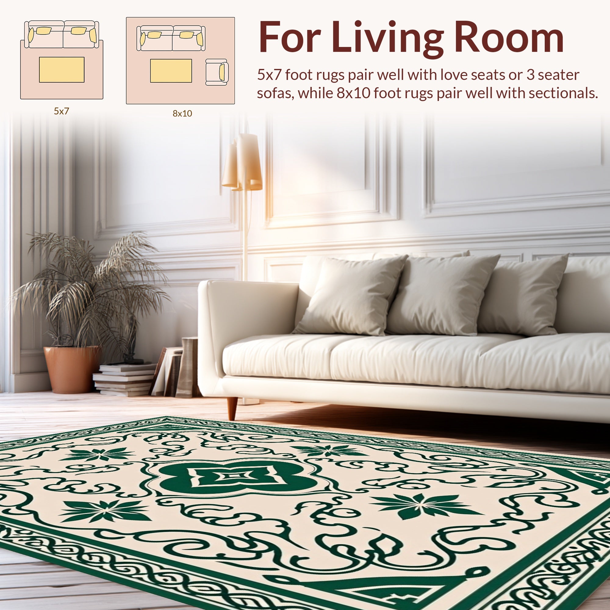 Green Floral Vine Intricate Pattern Rug