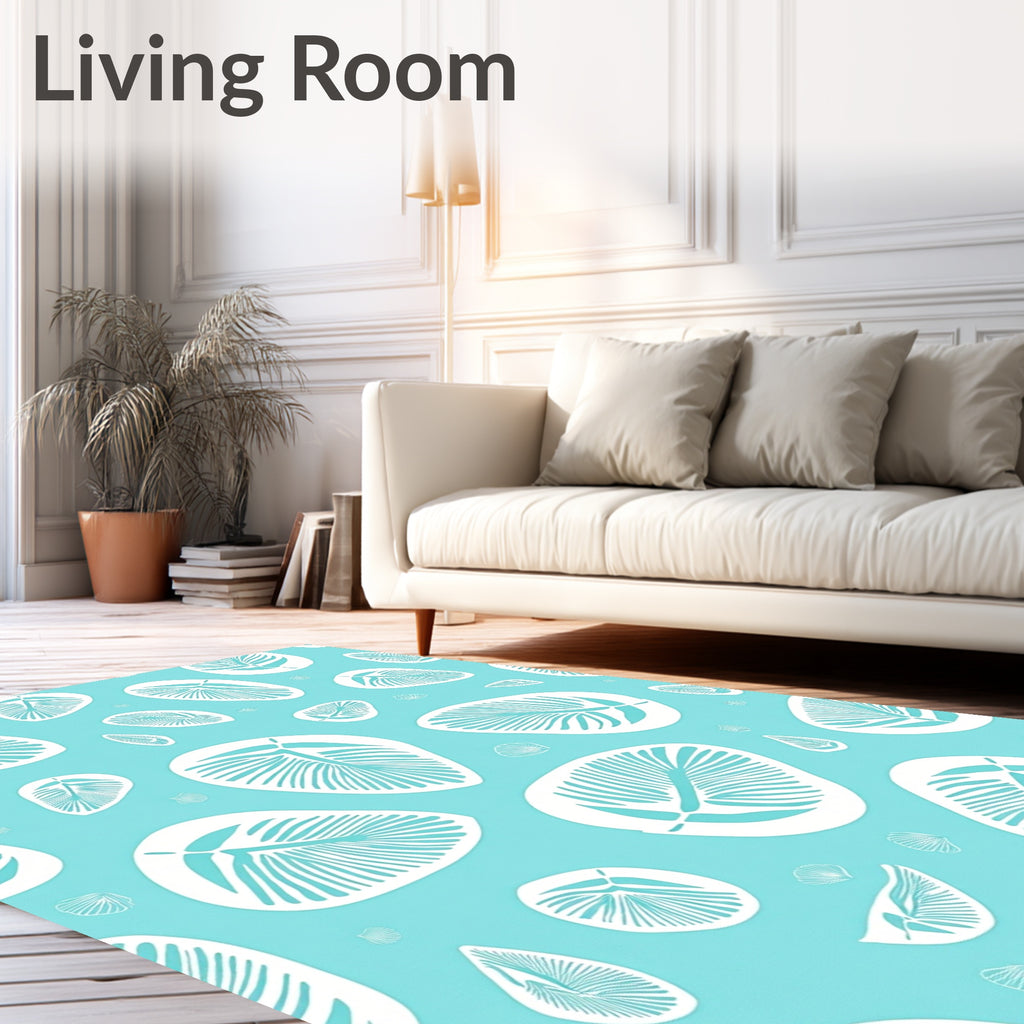 Teal White Feather Pattern Rug