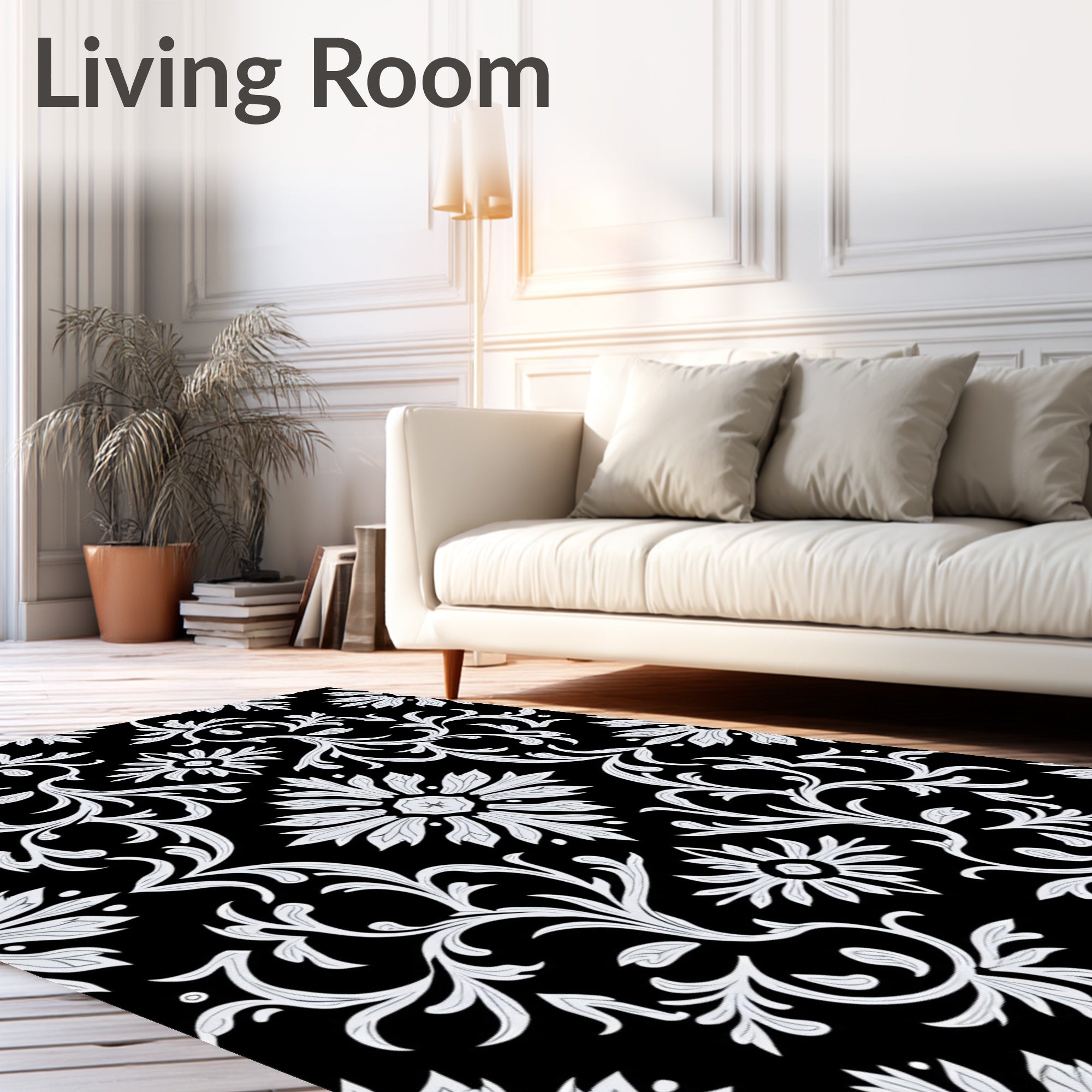 Black White Floral Scroll Pattern Rug