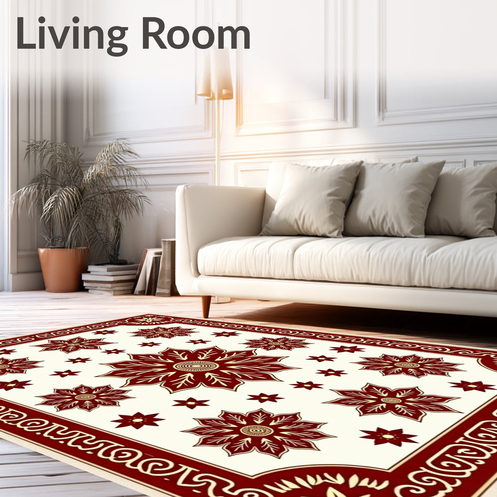 Maroon Floral Center Border Design Rug