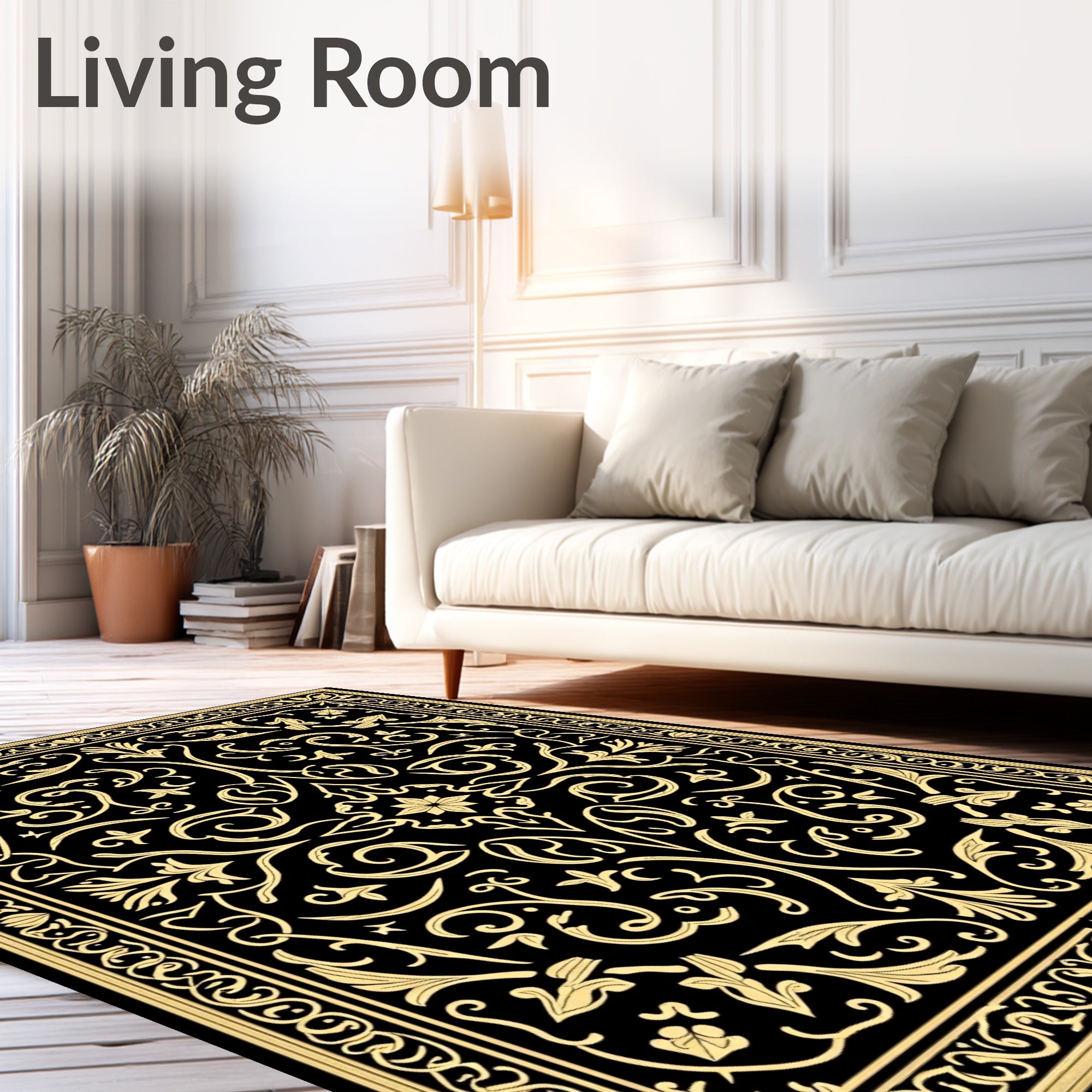 Elegant Golden Black Floral Medallion Rug