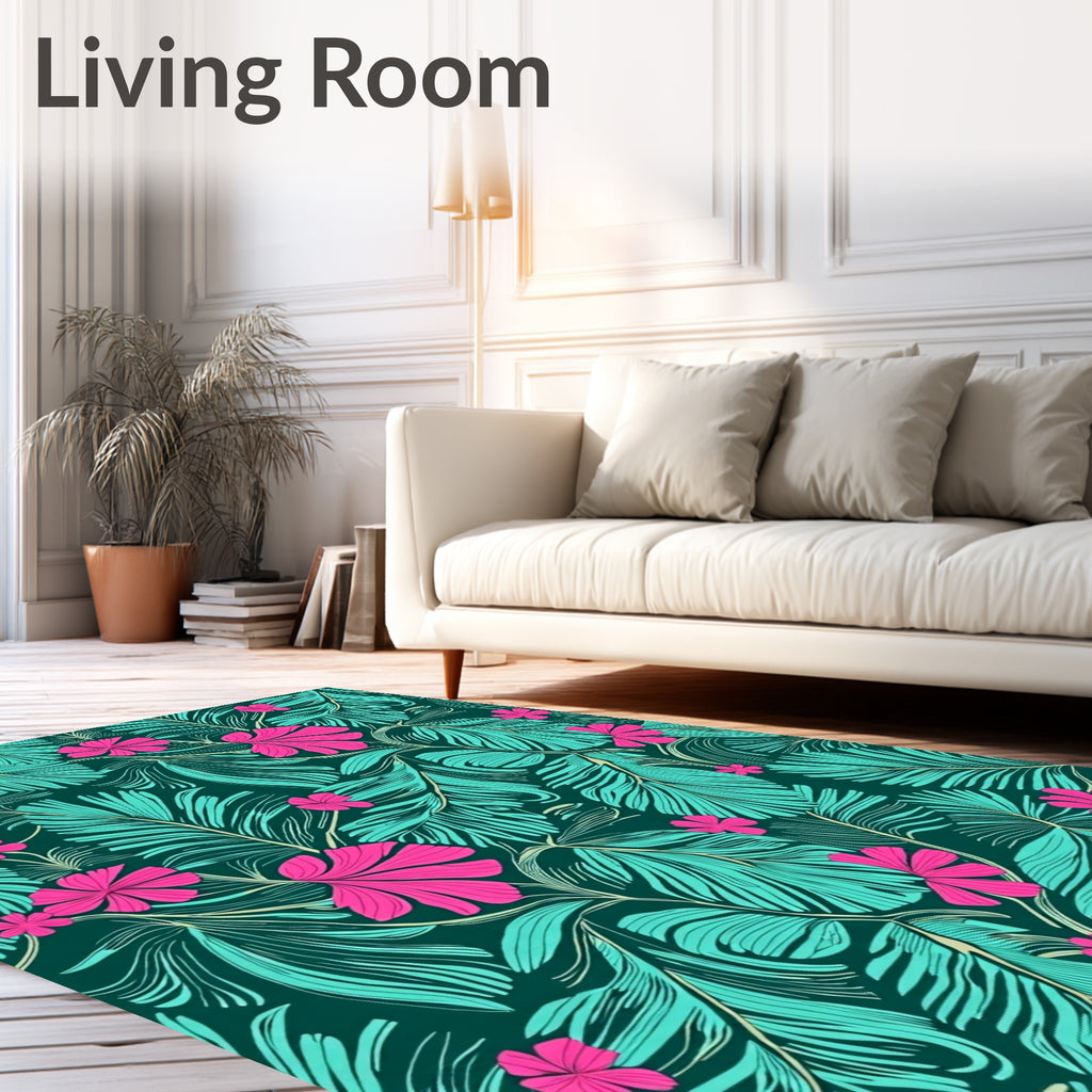 Vibrant Teal Pink Tropical Leaf Bloom Rug