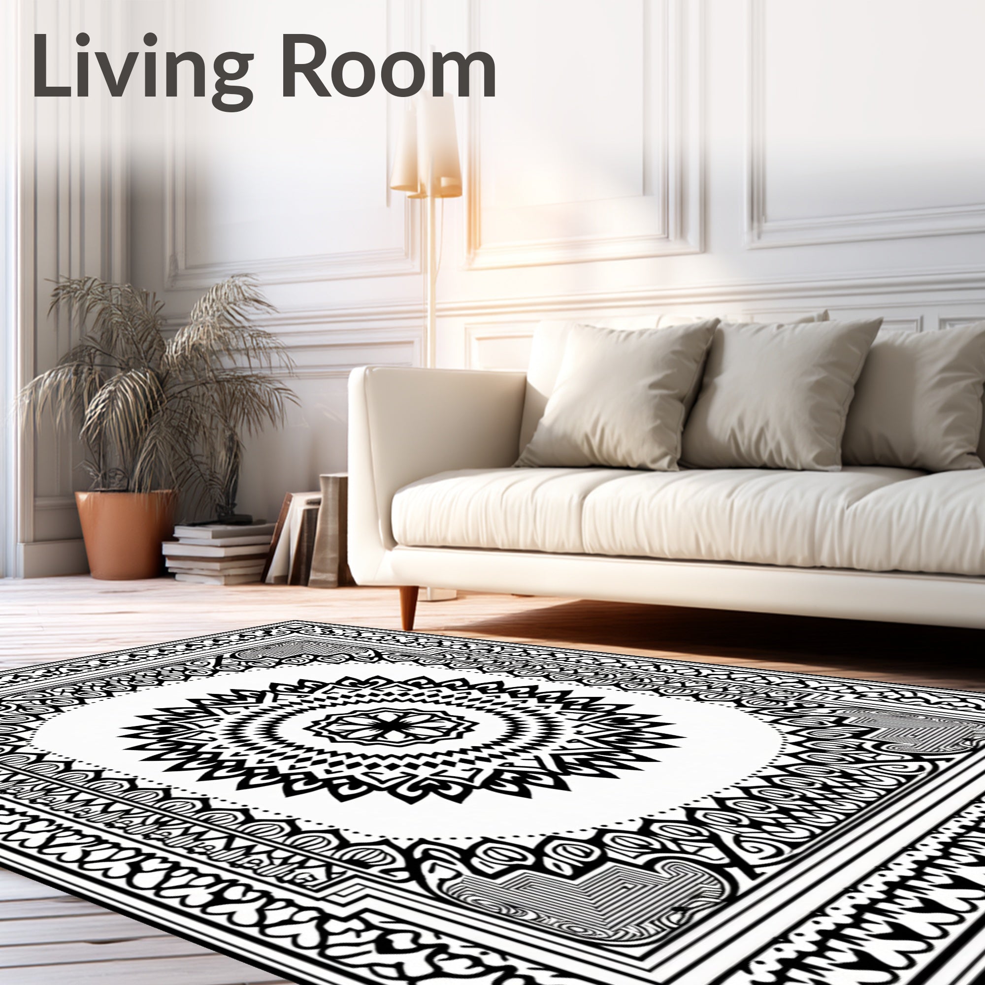 Intricate Black White Mandala Design Rug