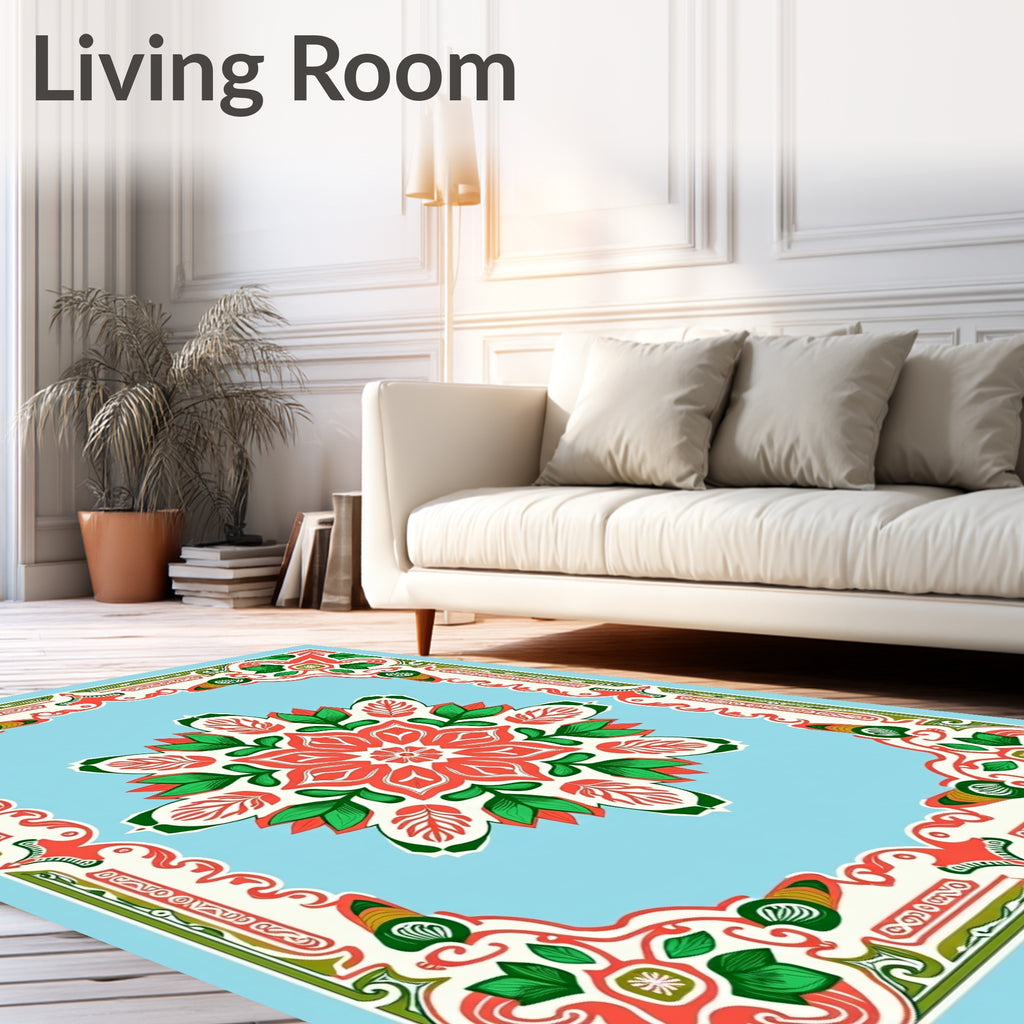 Ornate Coral Green Floral Medallion Design Rug