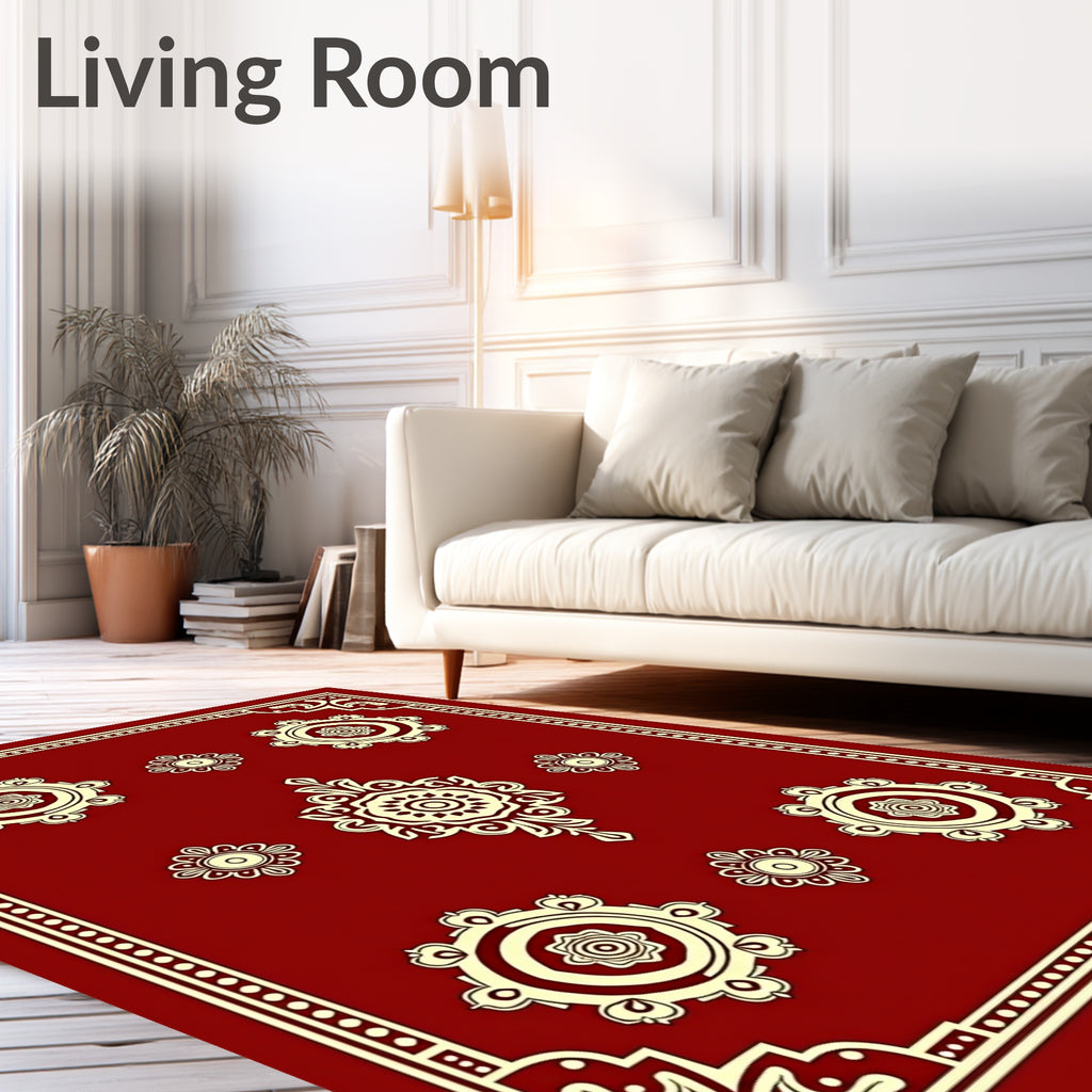 Maroon Floral Medallion Traditional Rug Design Rug