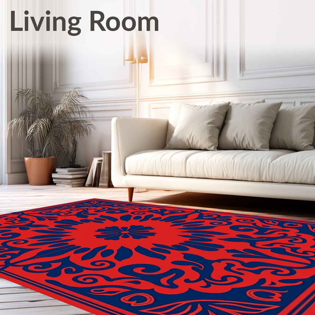 Red Blue Floral Symmetry Design Rug