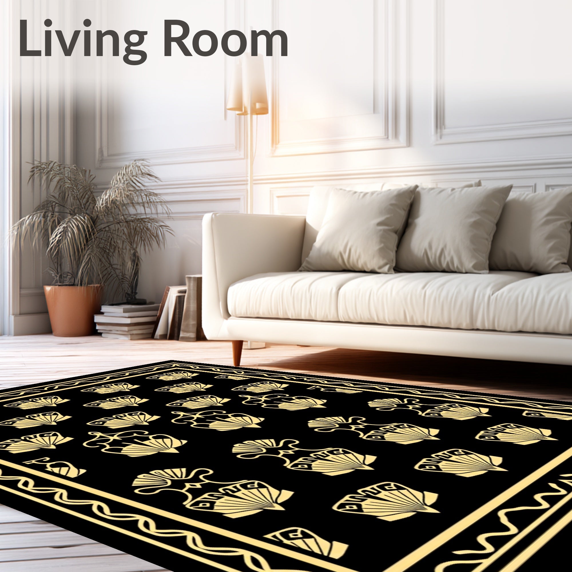 Elegant Fan Motif Black Gold Rug