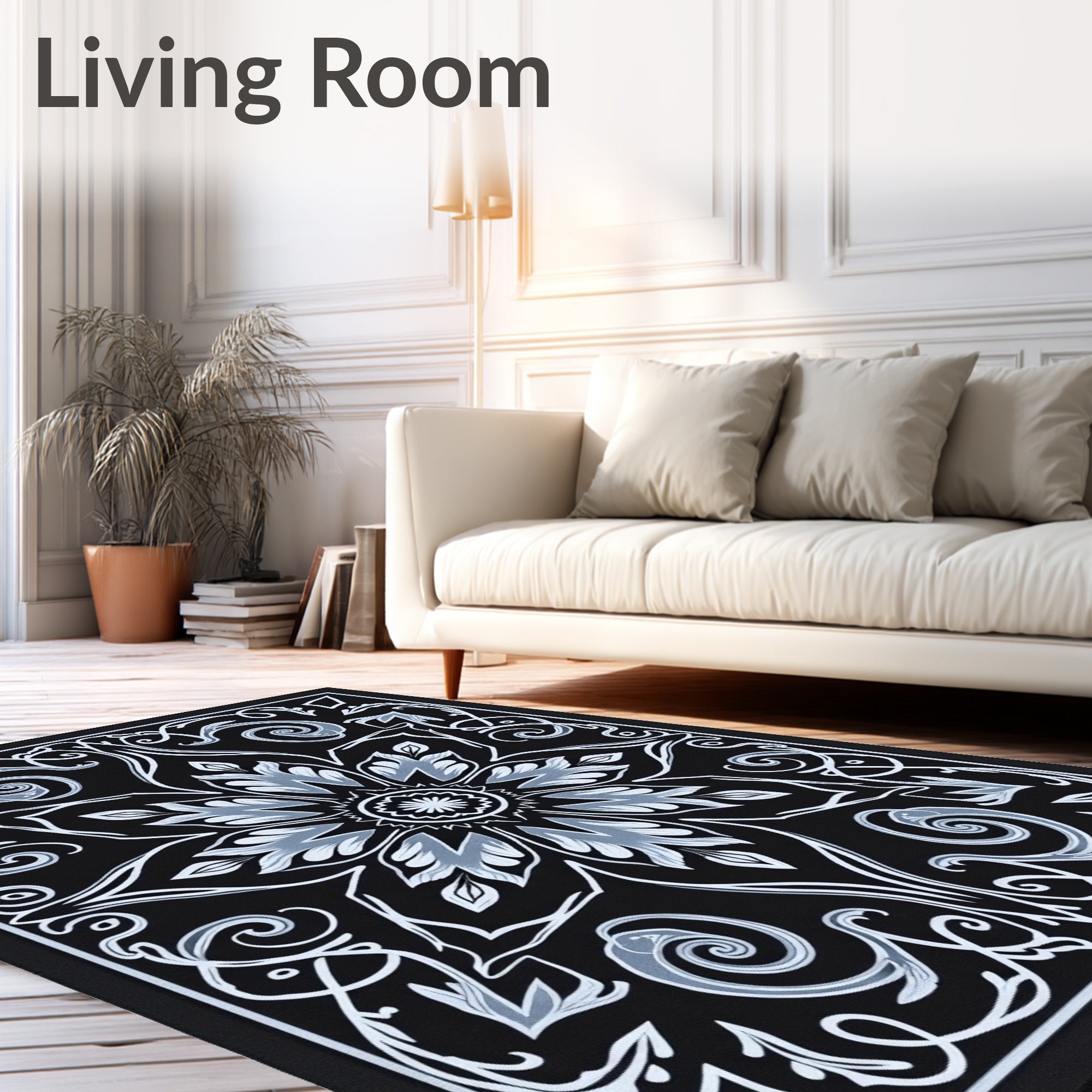 Black White Grey Floral Medallion Rug