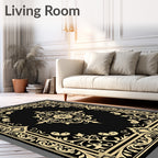 Ornate Floral Medallion Black Gold Rug