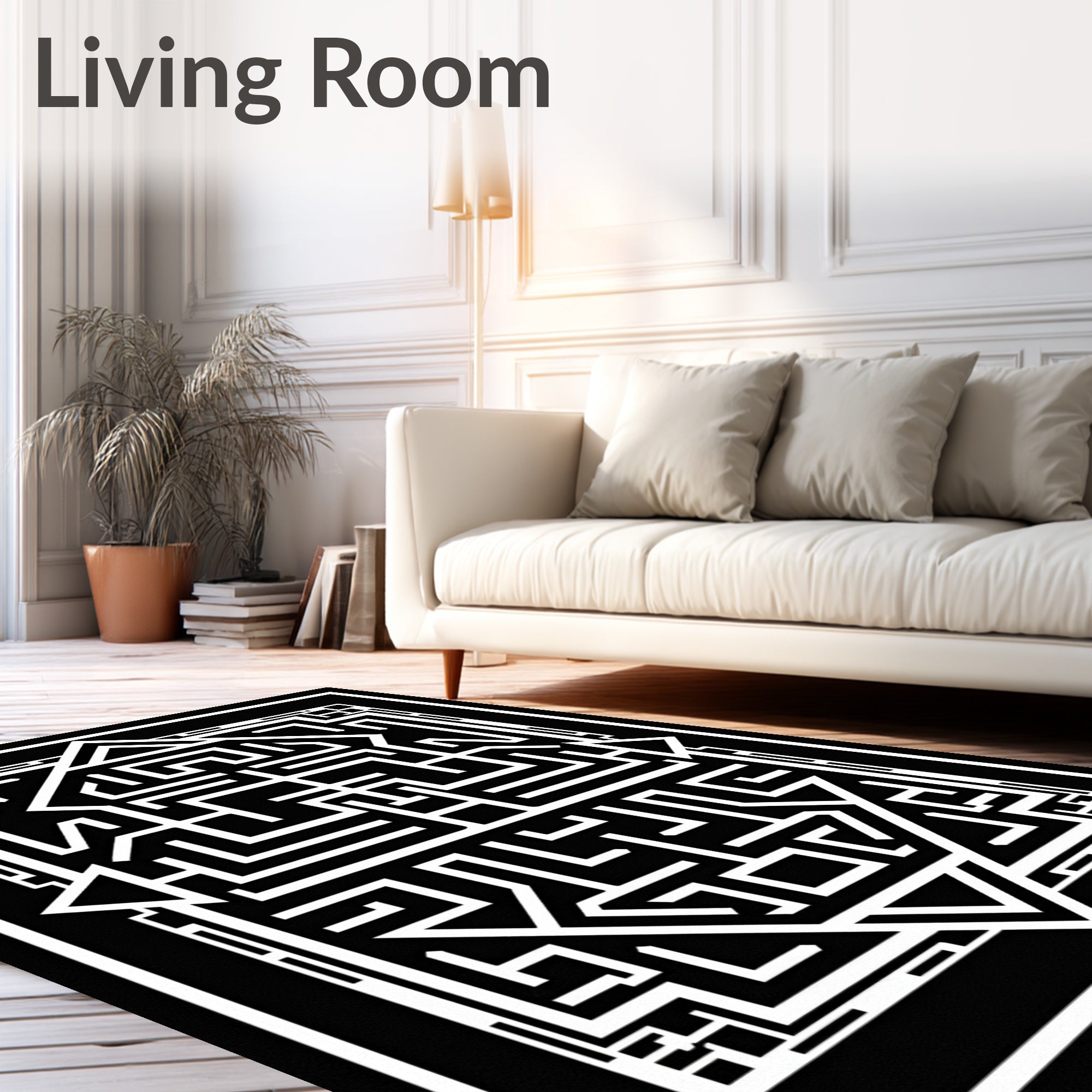 Black White Maze Geometric Design Rug