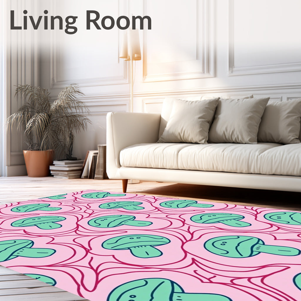Whimsical Green Mushroom Pink Swirl Rug