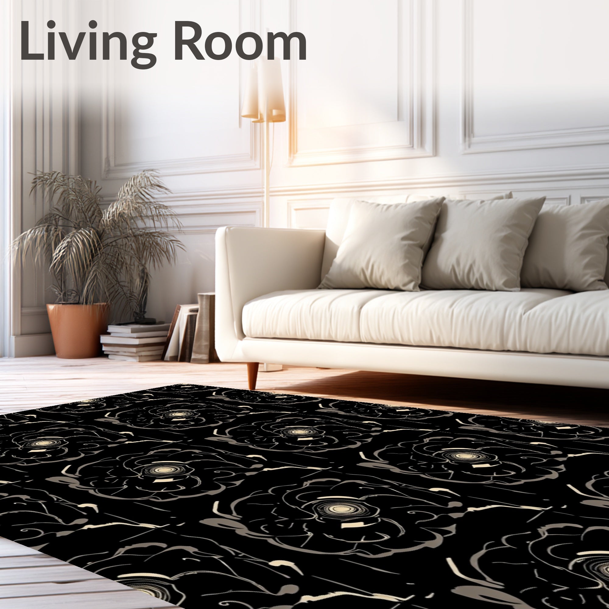 Drawn Black Flower Outline Pattern Rug