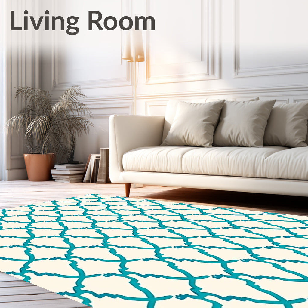 Teal Geometric Lattice Over Cream Rug