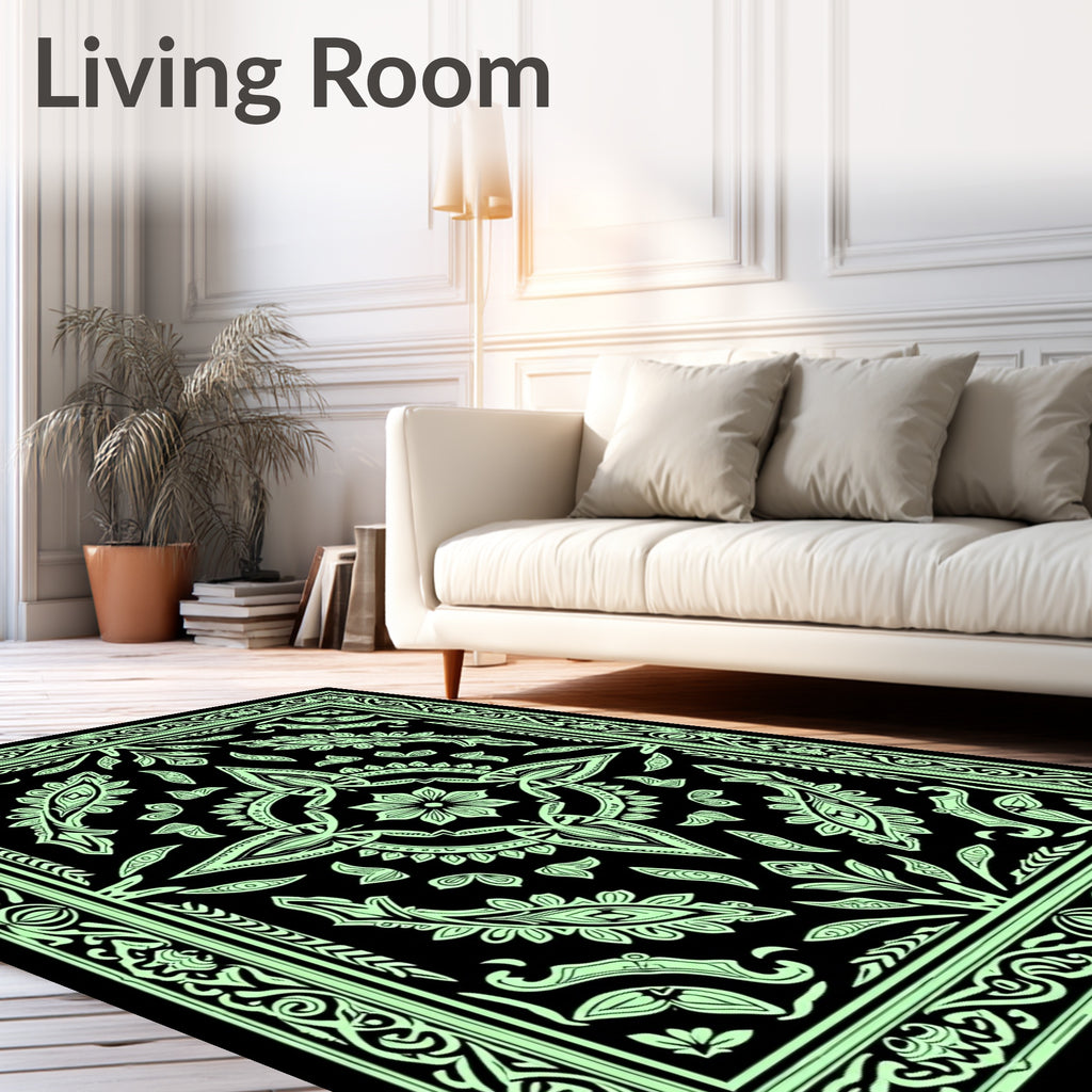 Ornate Floral Medallion Black Green Design Rug