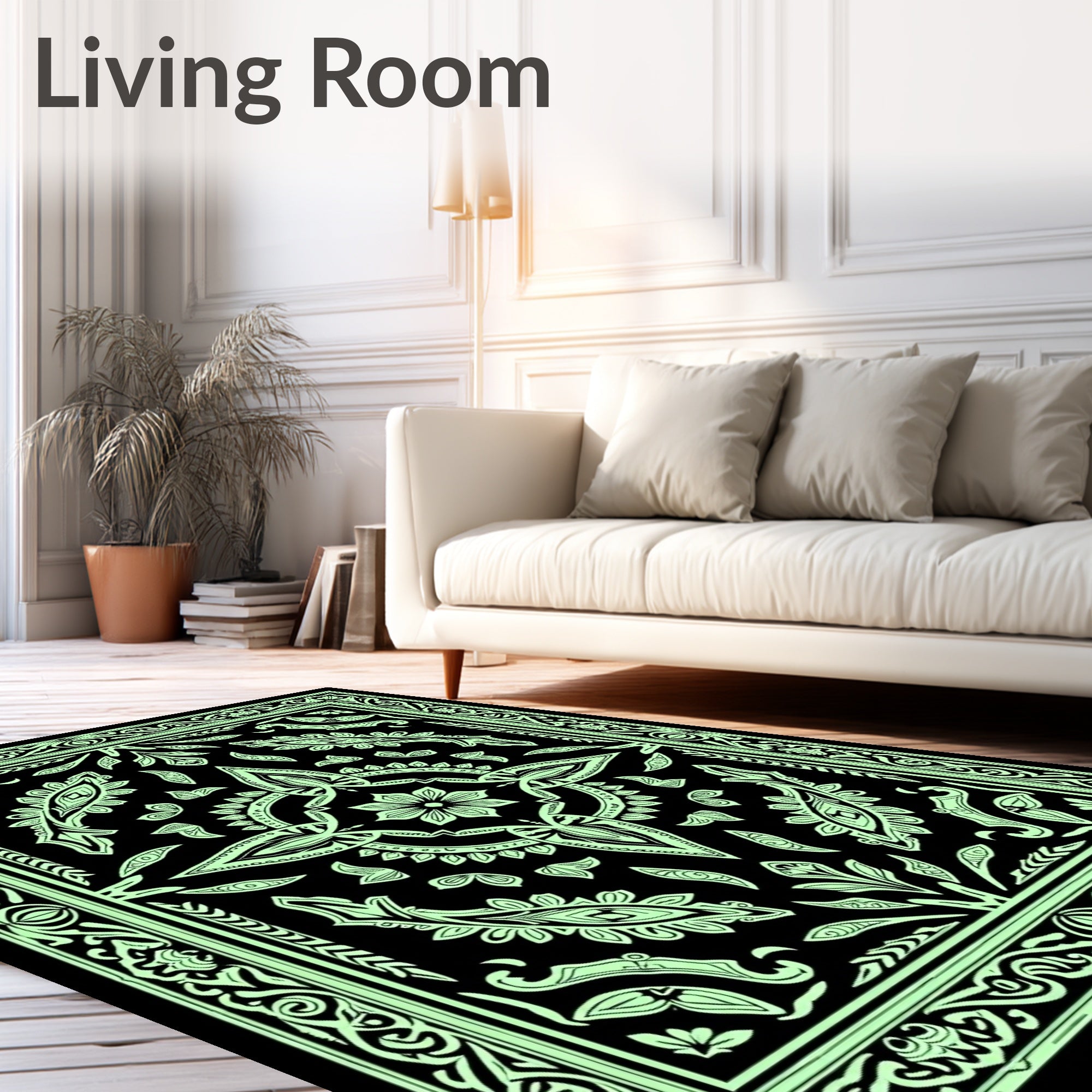 Ornate Floral Medallion Black Green Design Rug