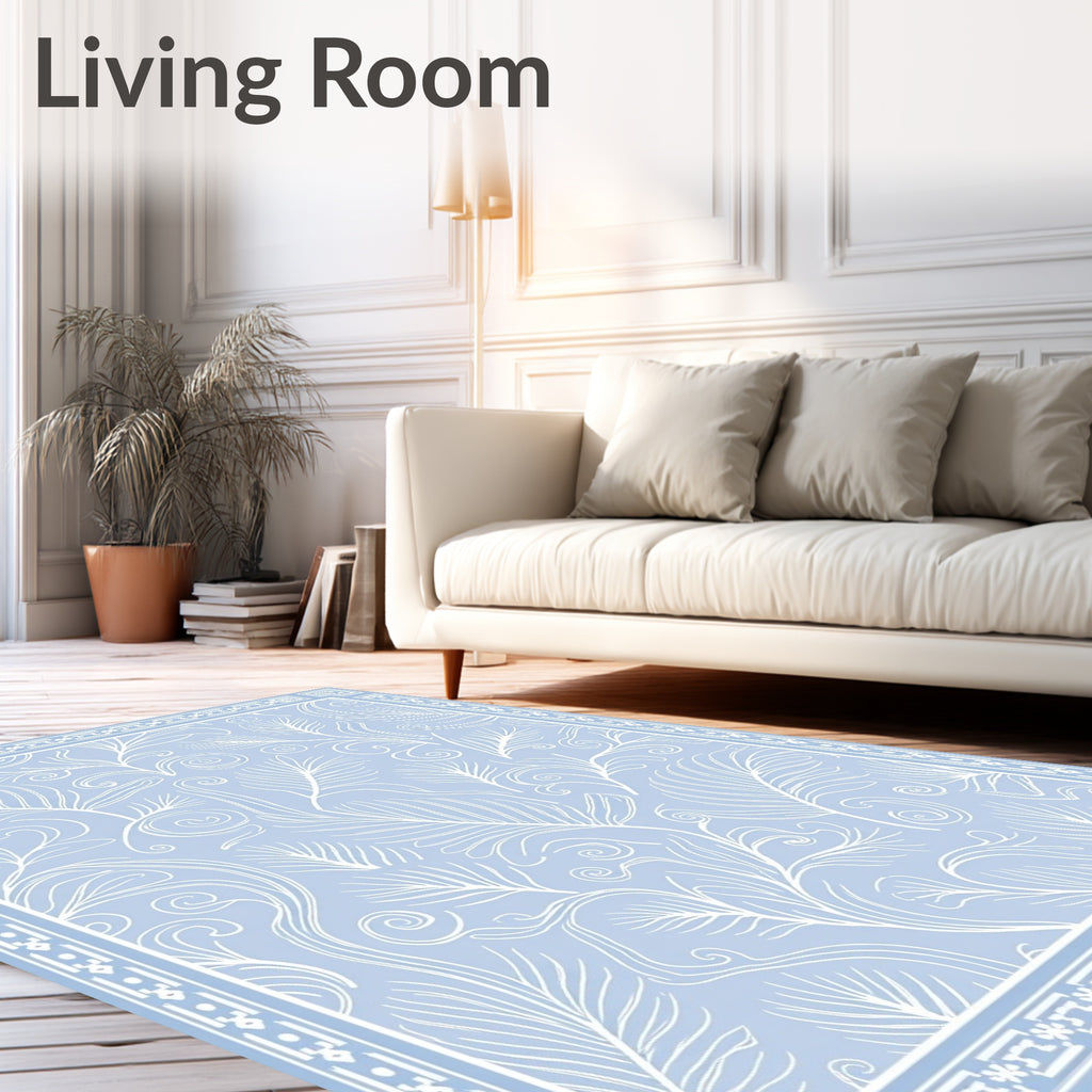 Light Blue White Feather Swirl Pattern Rug