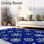 White Snowflake Patterned Deep Blue Rug