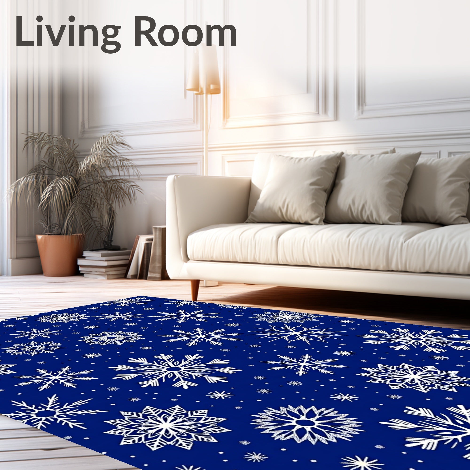 White Snowflake Patterned Deep Blue Rug
