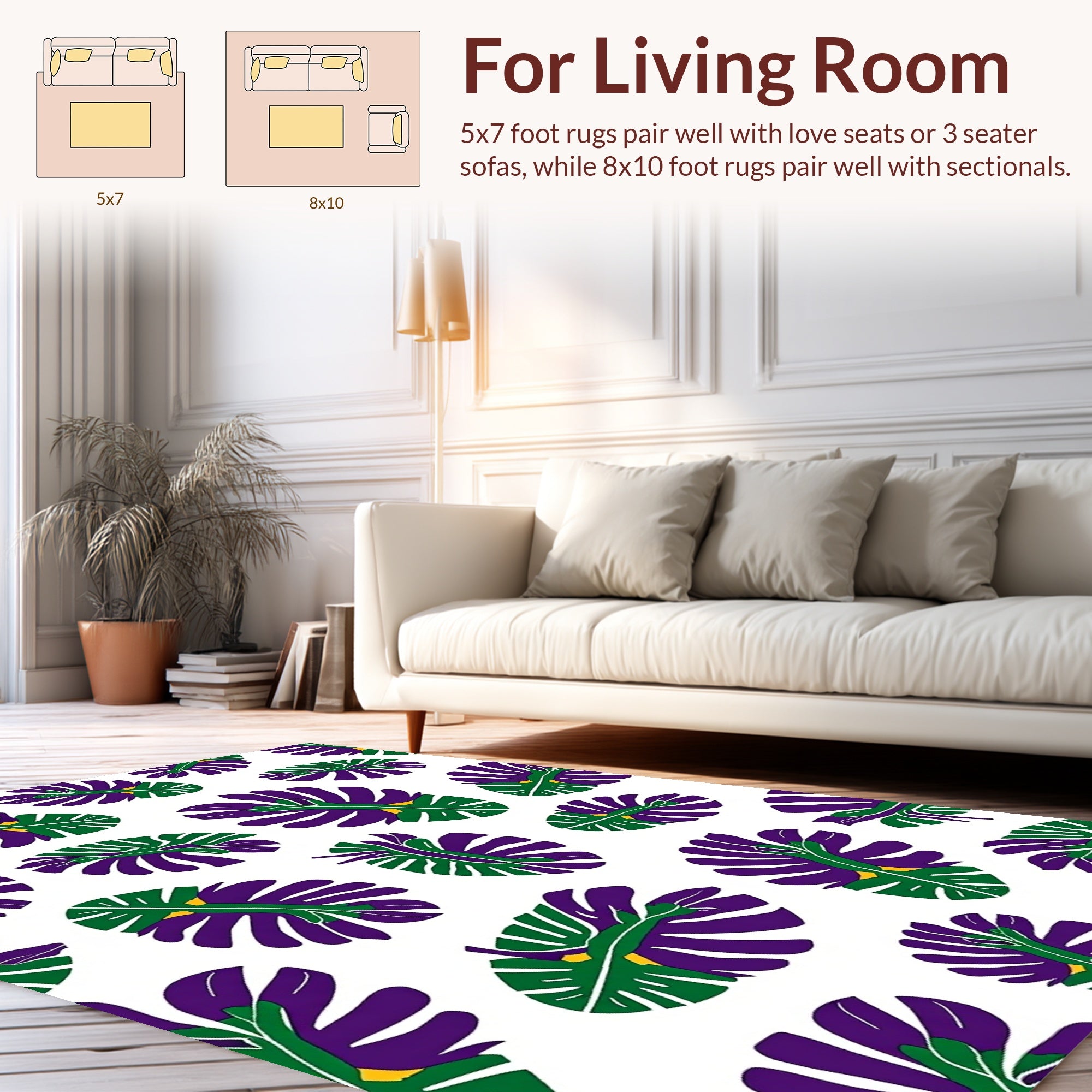 Vibrant Purple Green Leaf Pattern Rug