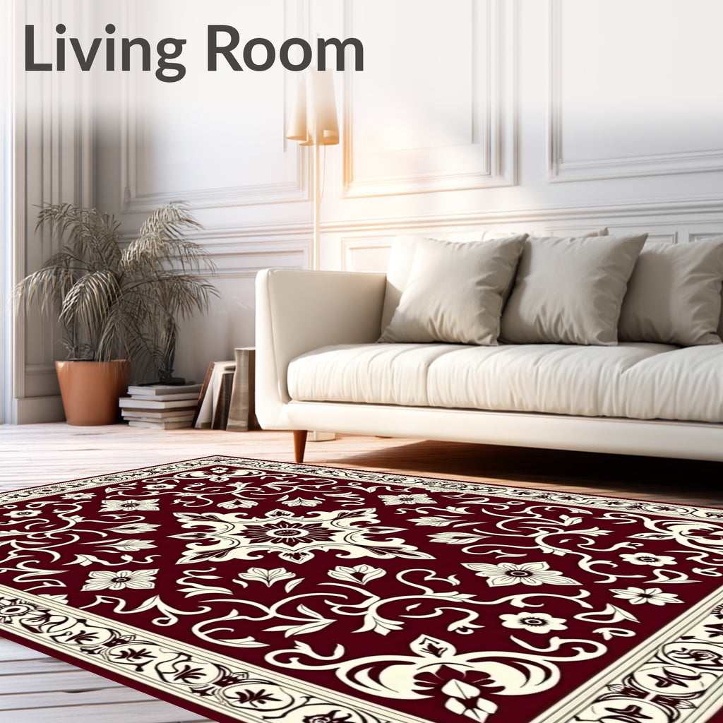 Elegant Maroon Floral Scroll Pattern Rug