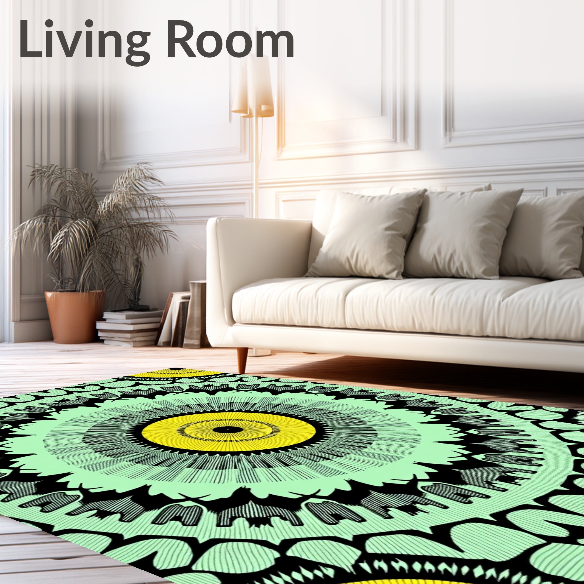 Vibrant Yellow Mint Black Medallion Rug