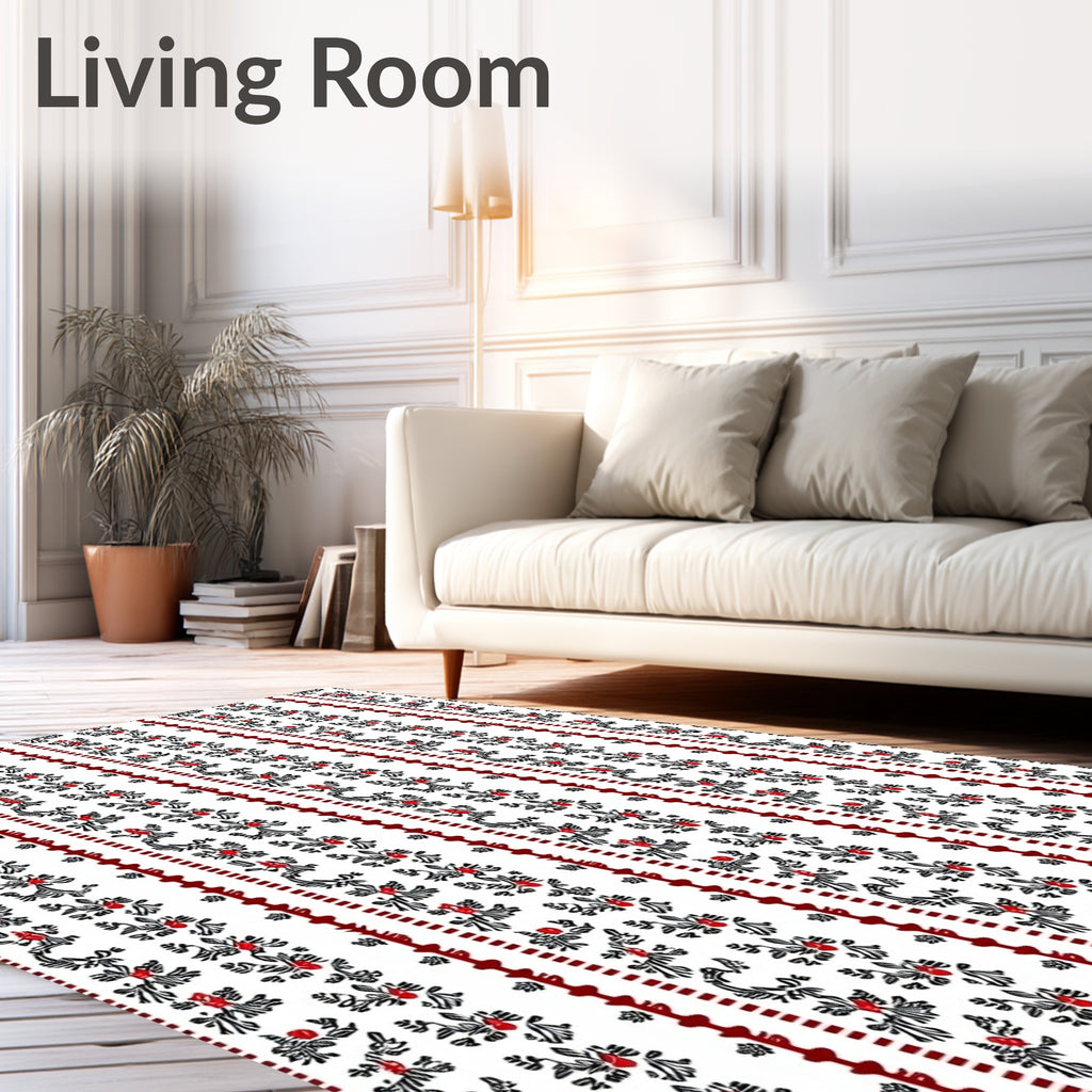Red Black Floral Stripe Pattern Rug