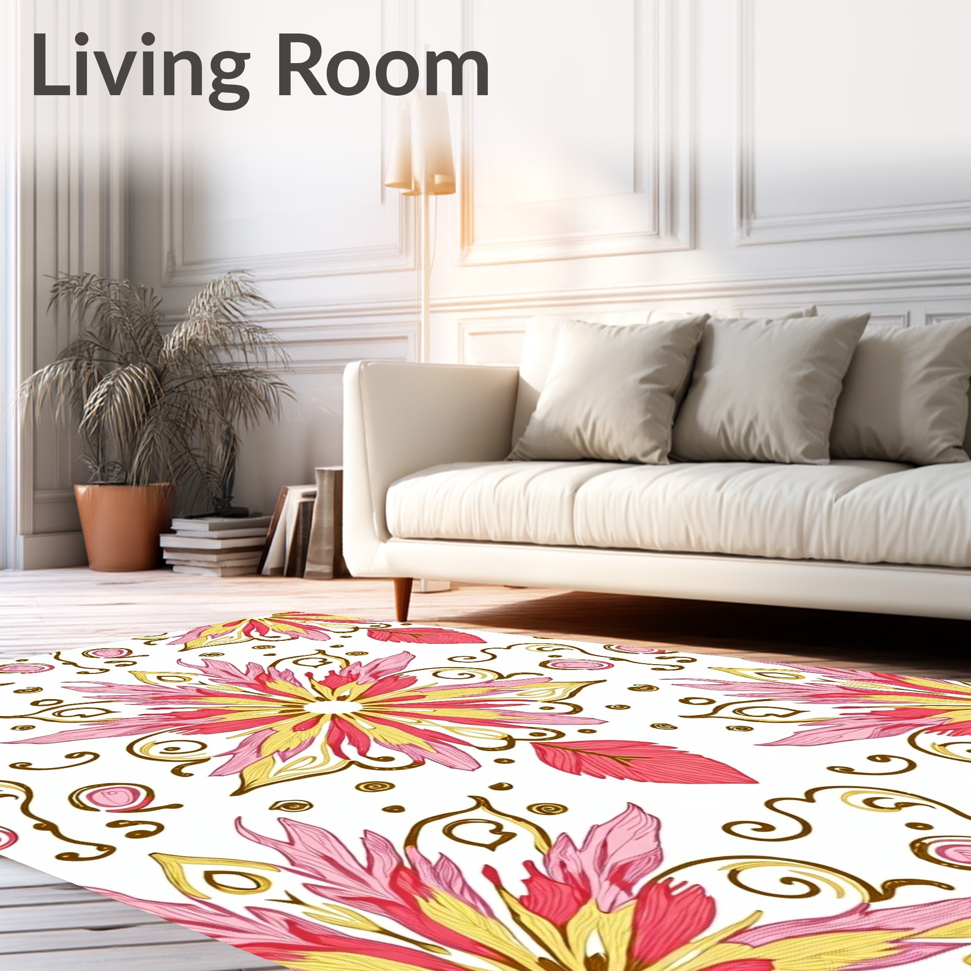 Pink Yellow Floral Scroll Pattern Rug