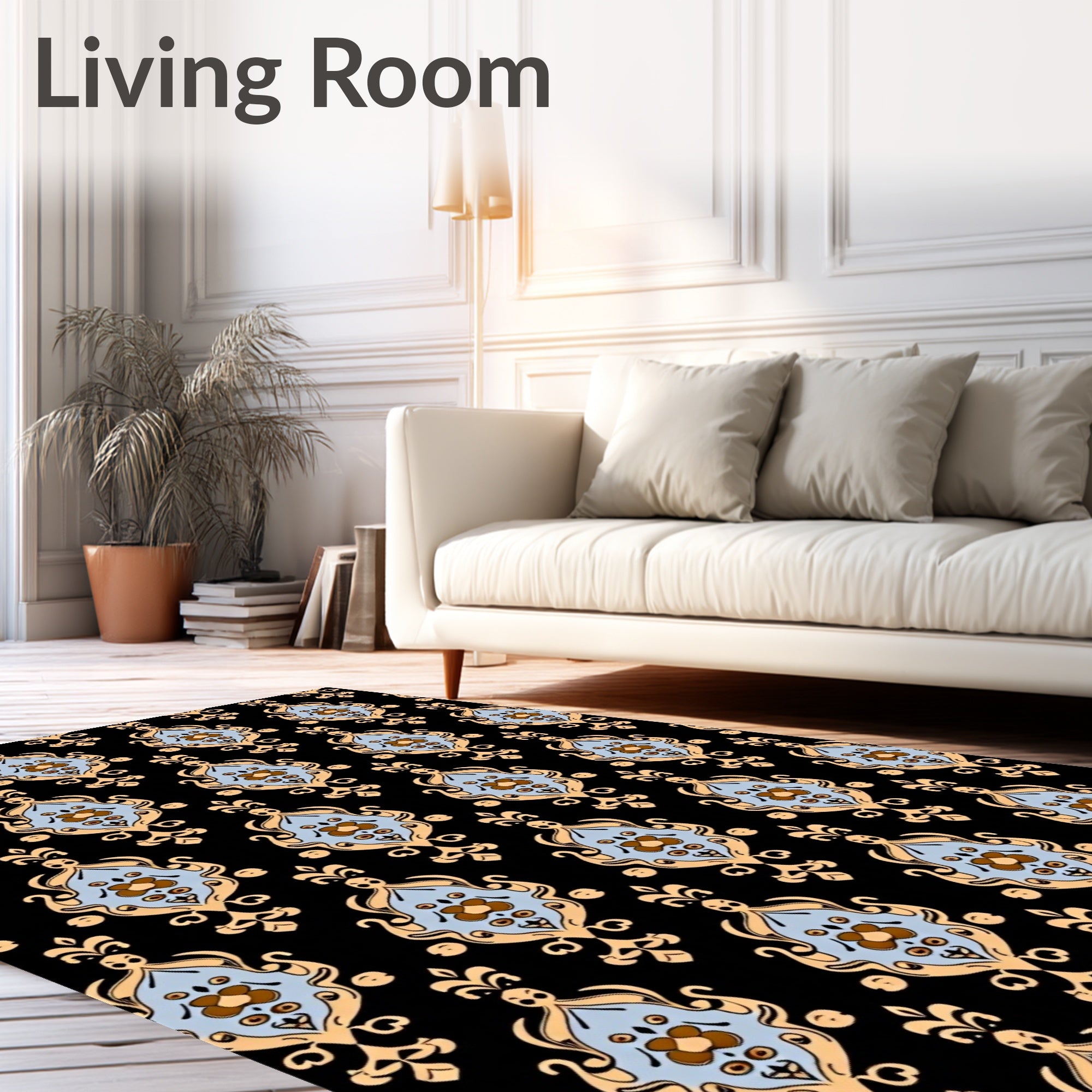Ornate Blue Gold Damask Pattern Rug