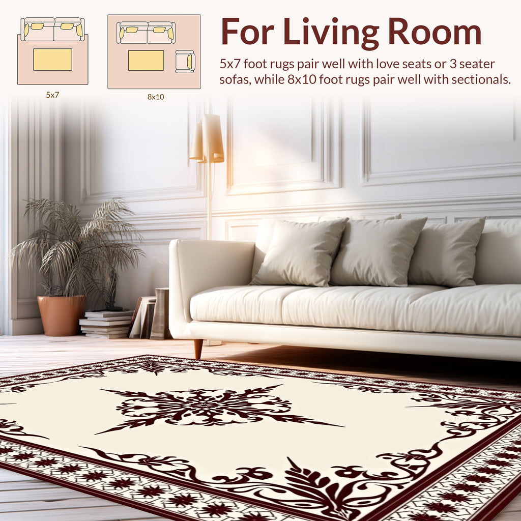 Elegant Burgundy Scrollwork Floral Rug