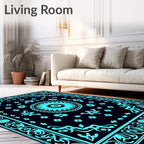 Cyan Floral Mandala Border Rug