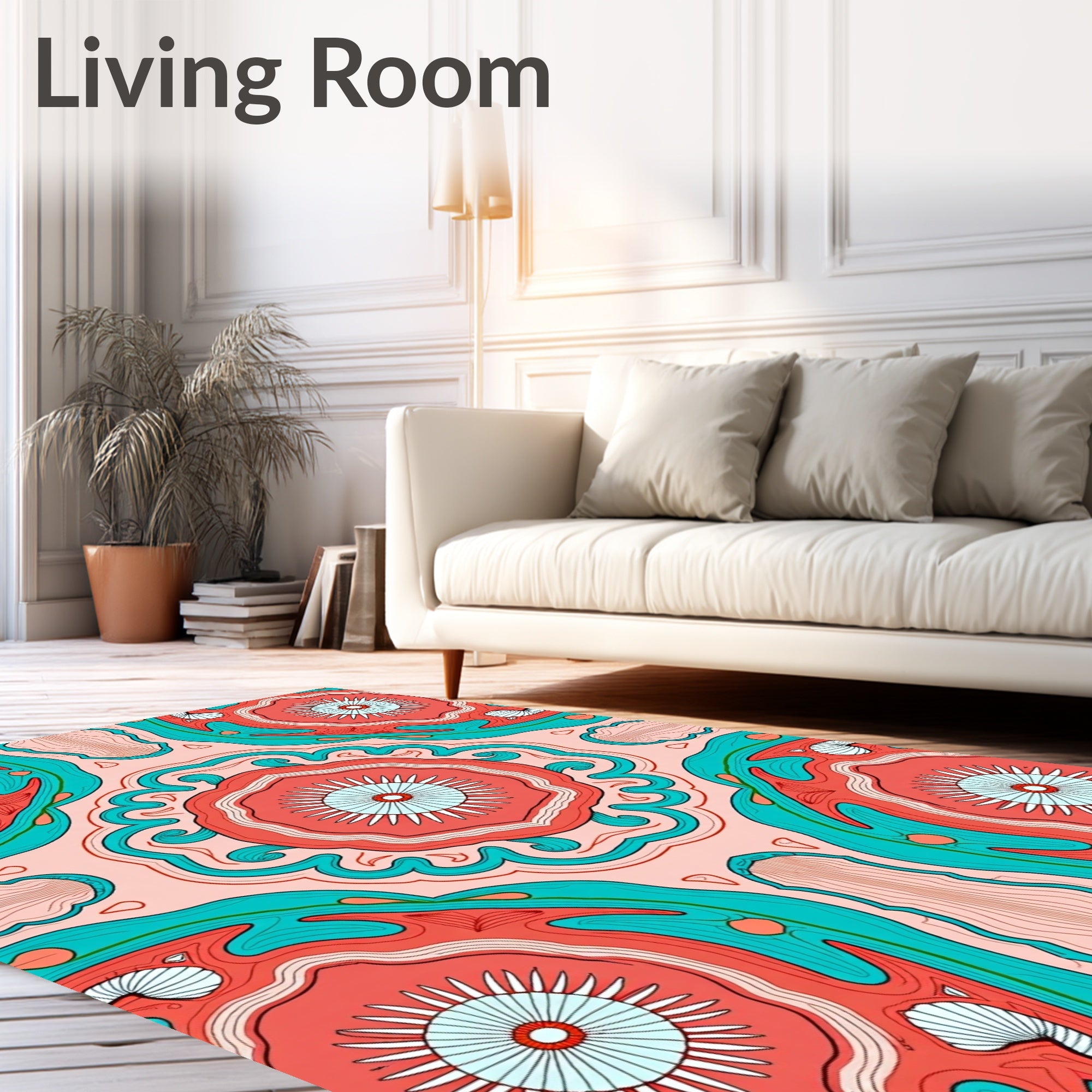 Coral Teal Abstract Sunburst Pattern Rug