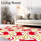 Playful Red Cats Gold Swirl Pattern Rug