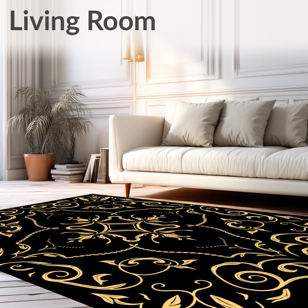 Elegant Gold Scrollwork Floral Design Rug