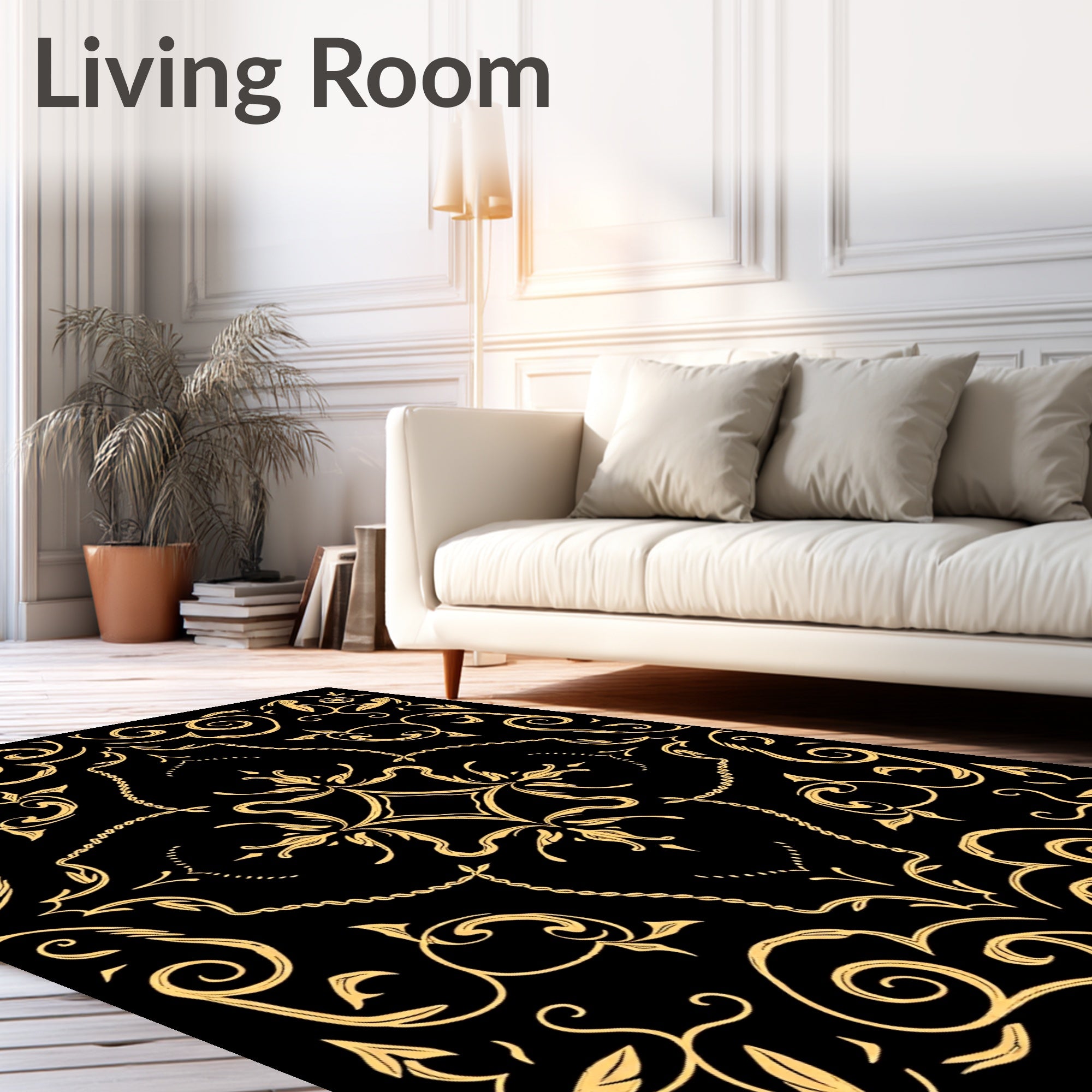 Elegant Gold Scrollwork Floral Design Rug