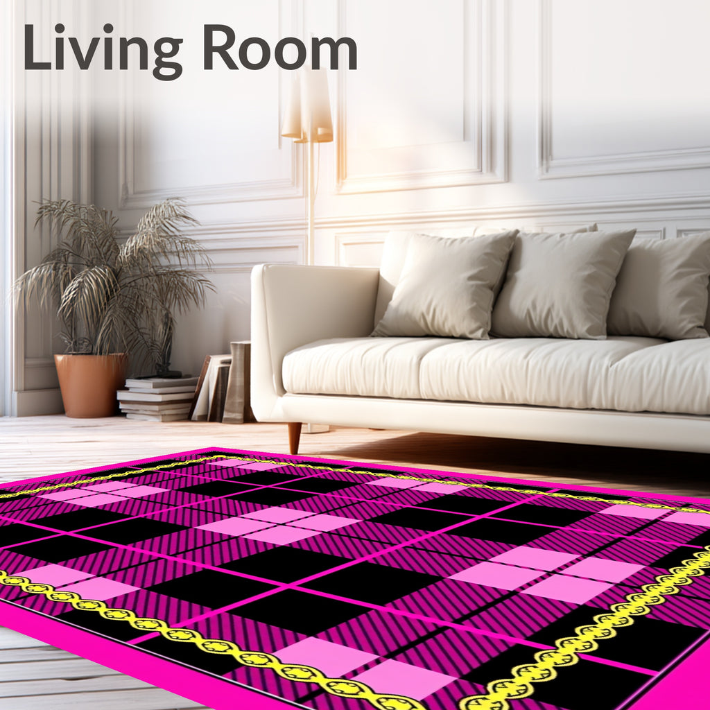 Bold Pink Black Plaid Chain Border Rug