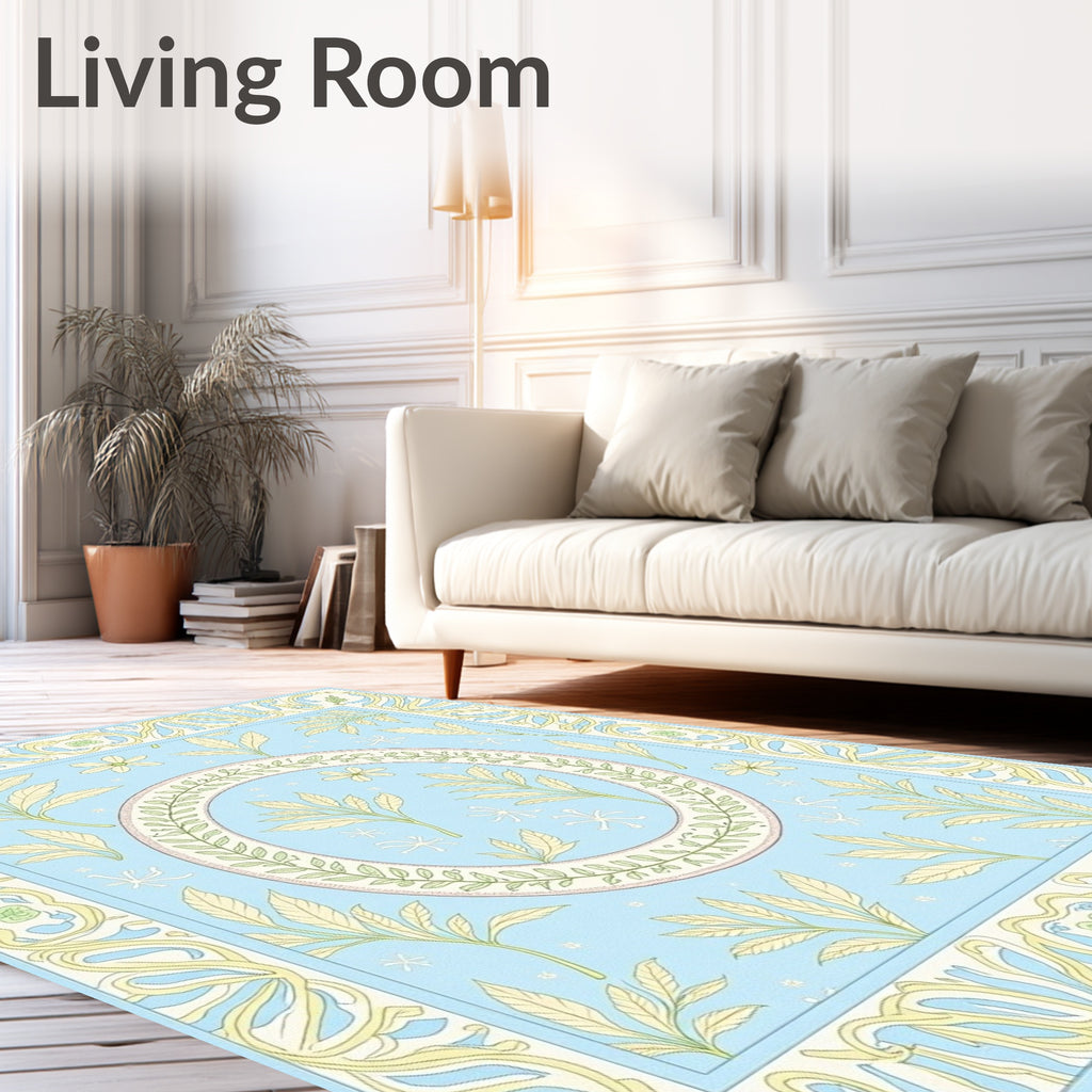 Pale Blue Floral Leaf Pattern Rug