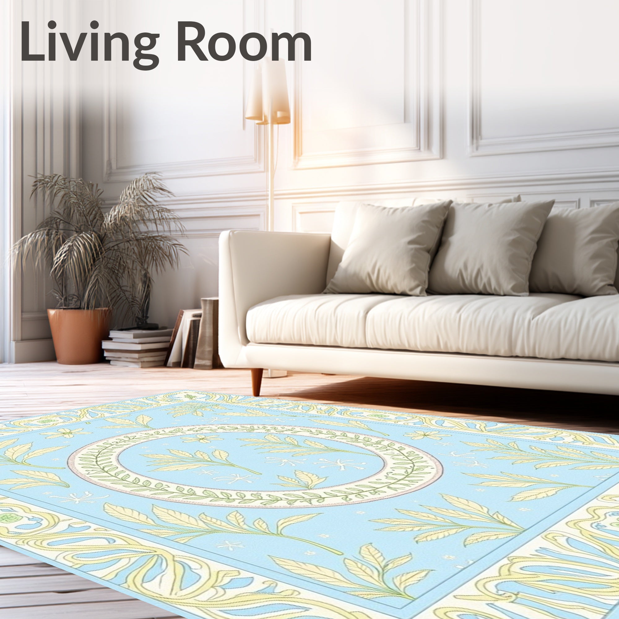 Pale Blue Floral Leaf Pattern Rug