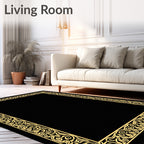 Ornate Gold Scrollwork Black Border Rug