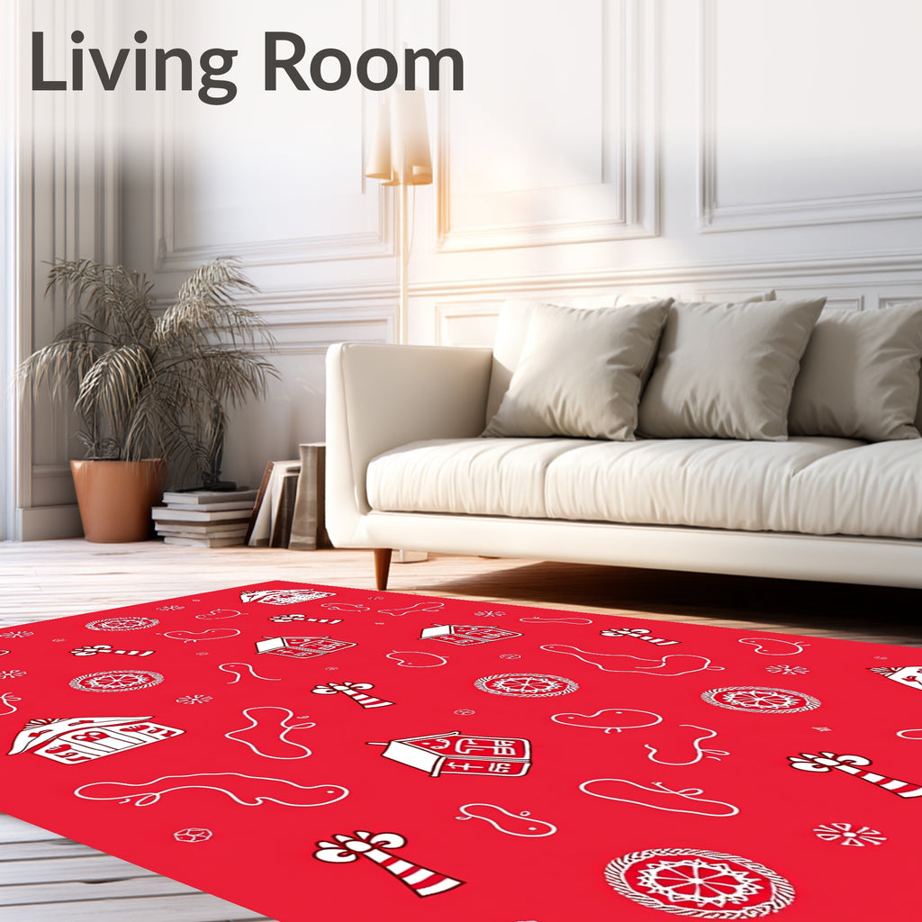 Red Folk Motif Houses Snowflakes Rug