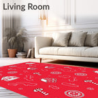 Red Folk Motif Houses Snowflakes Rug