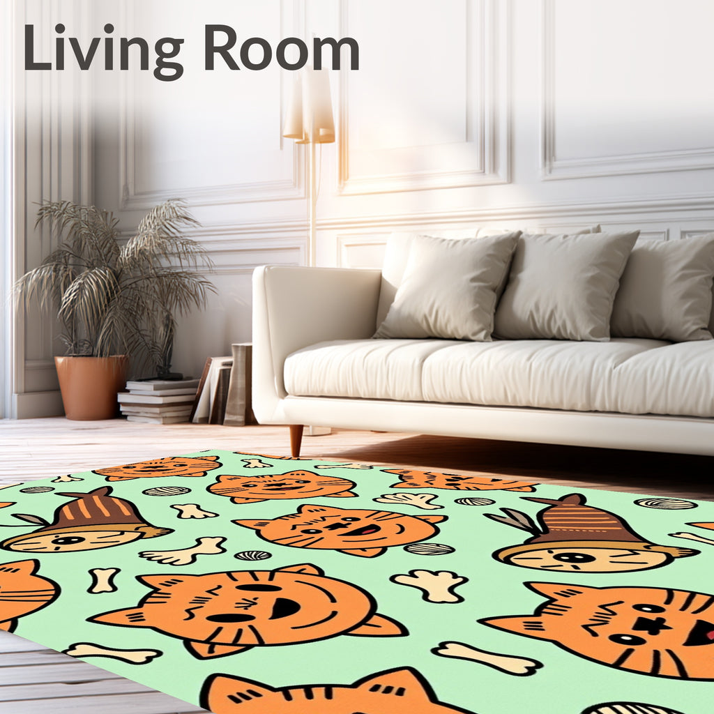 Playful Orange Cat Fish Pattern Rug