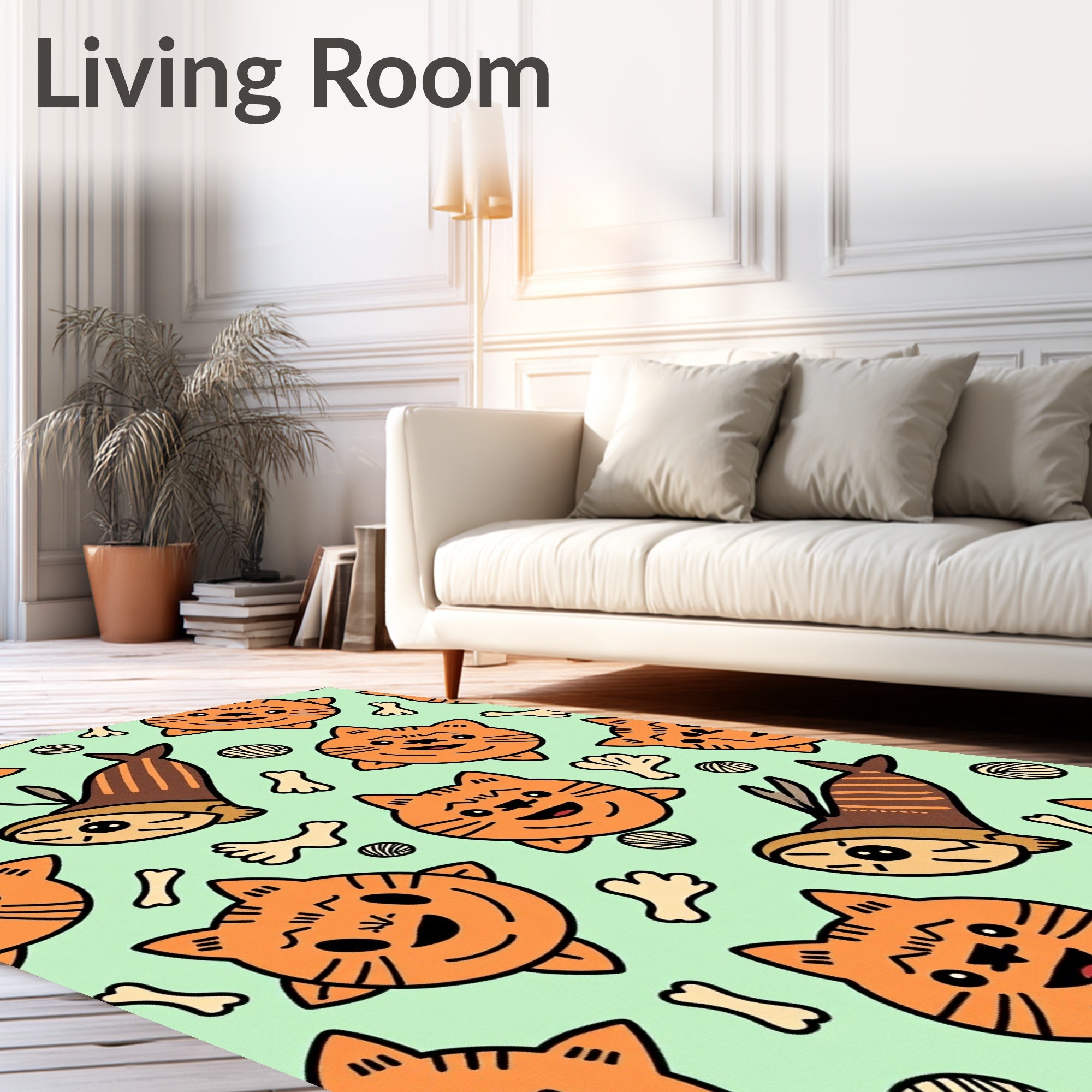 Playful Orange Cat Fish Pattern Rug
