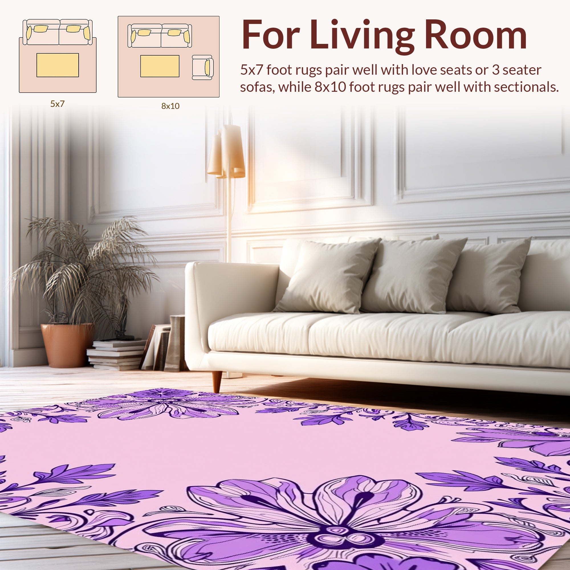 Purple Floral Vines Leaf Pattern Rug