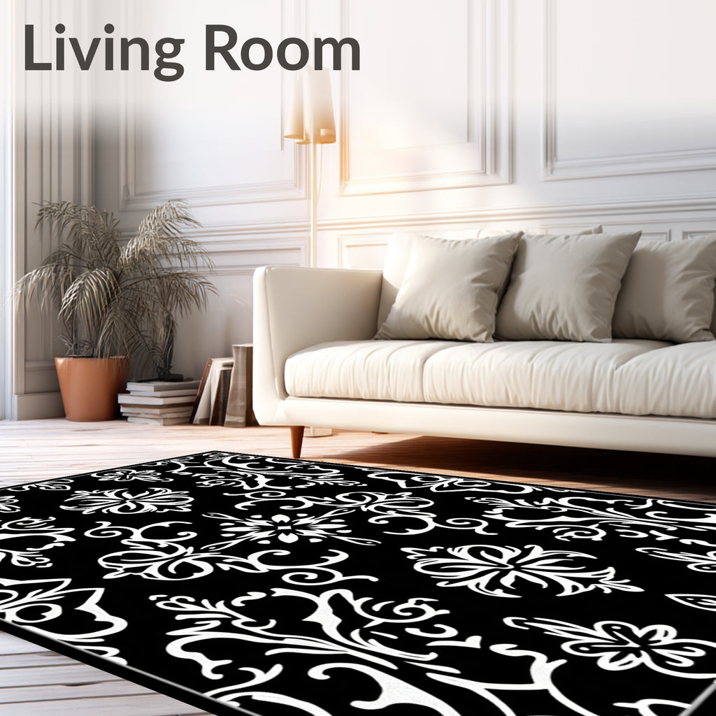 Classic Black White Damask Pattern Rug