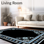 Black Floral Border With Sky Blue Accents Rug