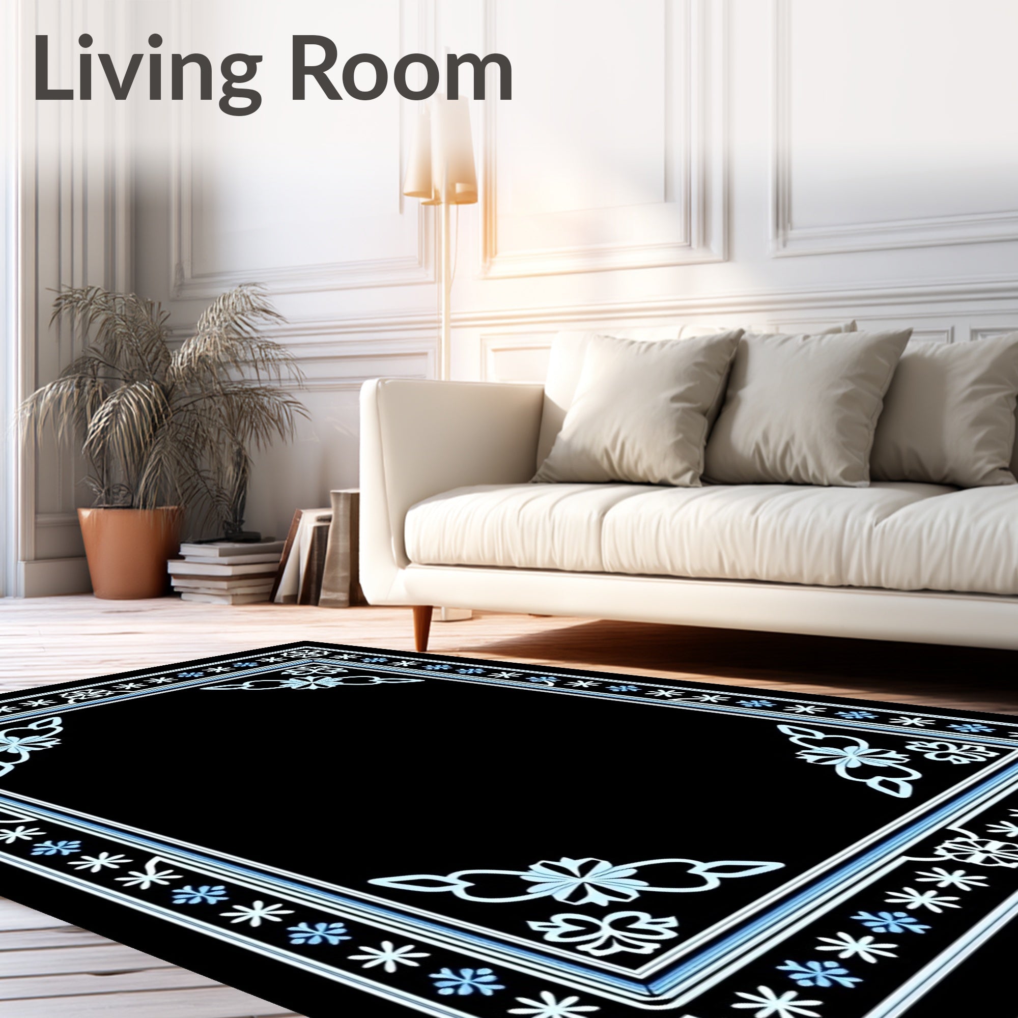 Black Floral Border With Sky Blue Accents Rug