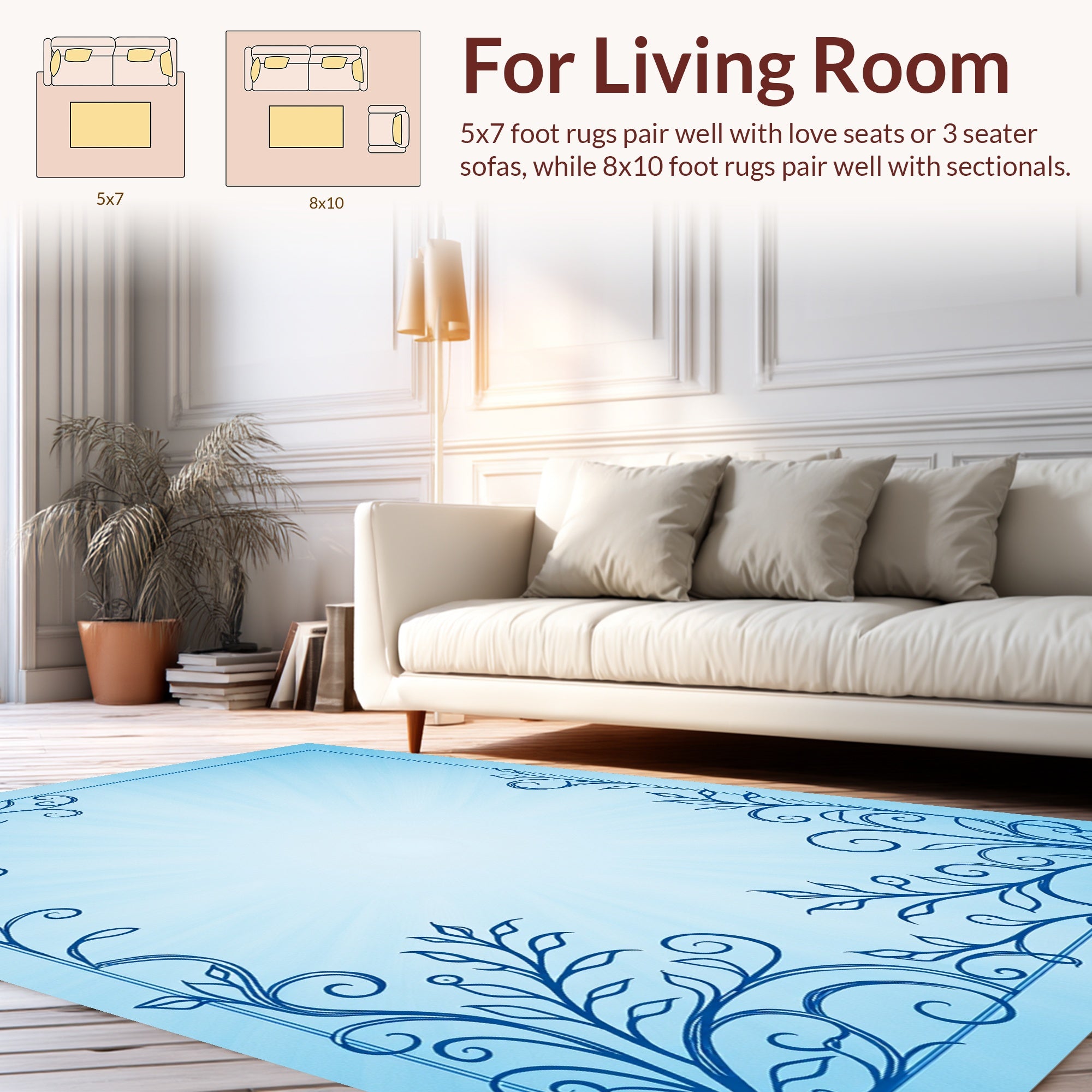 Blue Swirling Floral Ornate Border Design Rug