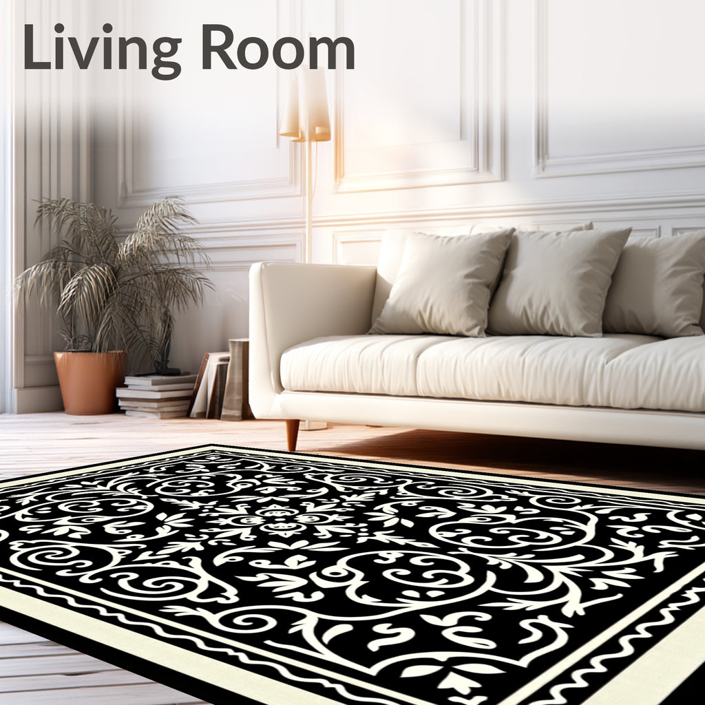 Classic Floral Scrollwork Black Ivory Rug
