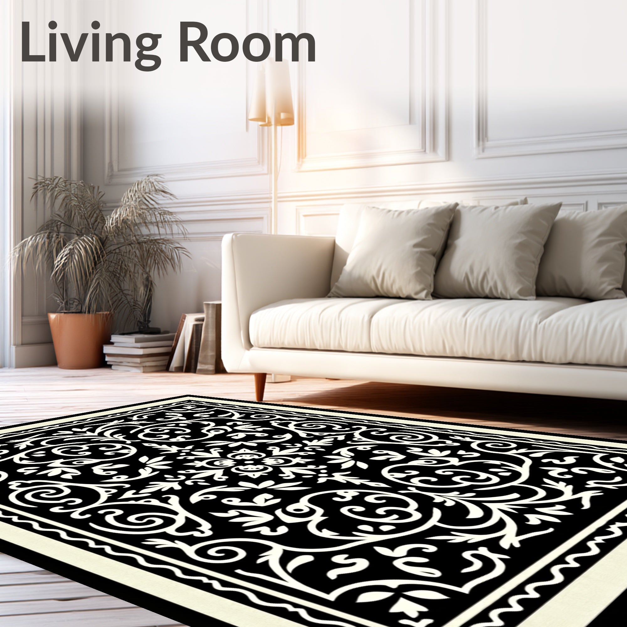 Classic Floral Scrollwork Black Ivory Rug