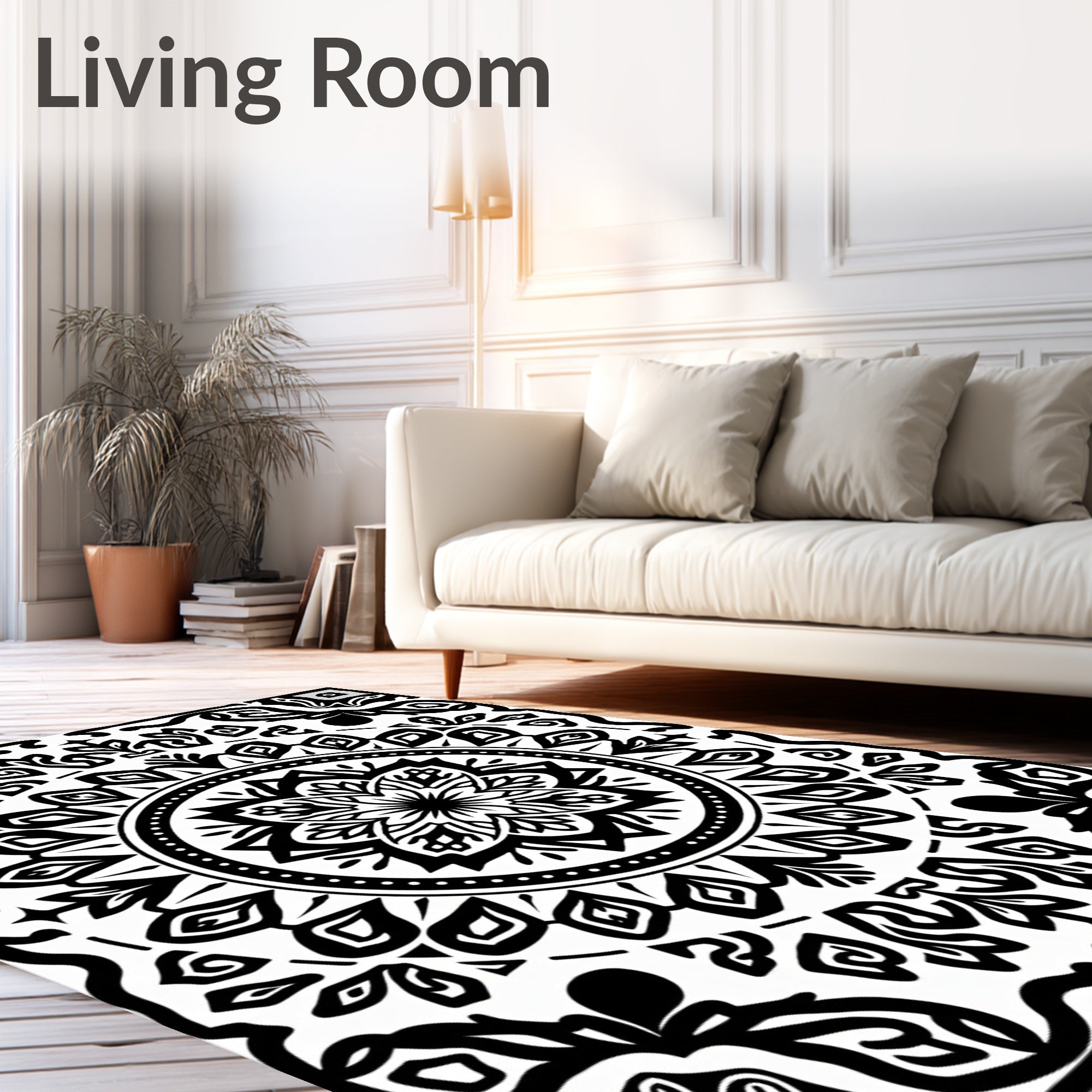 Graphic Mandala Flower Black White Rug
